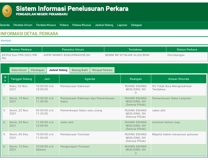 Wooow....Sidang Tuntutan Jaksa Terkait Kasus Pungli Dirohil Ditutup DiSIPP PN Pekan Baru