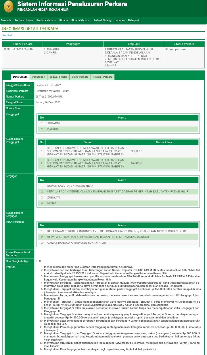 Dua Warga Rohil Gugat Bupati Rohil Dan Kepala Keuangan Aset Daerah Terkait Biaya Ganti Rugi! Ini Bentuk Gugatannya