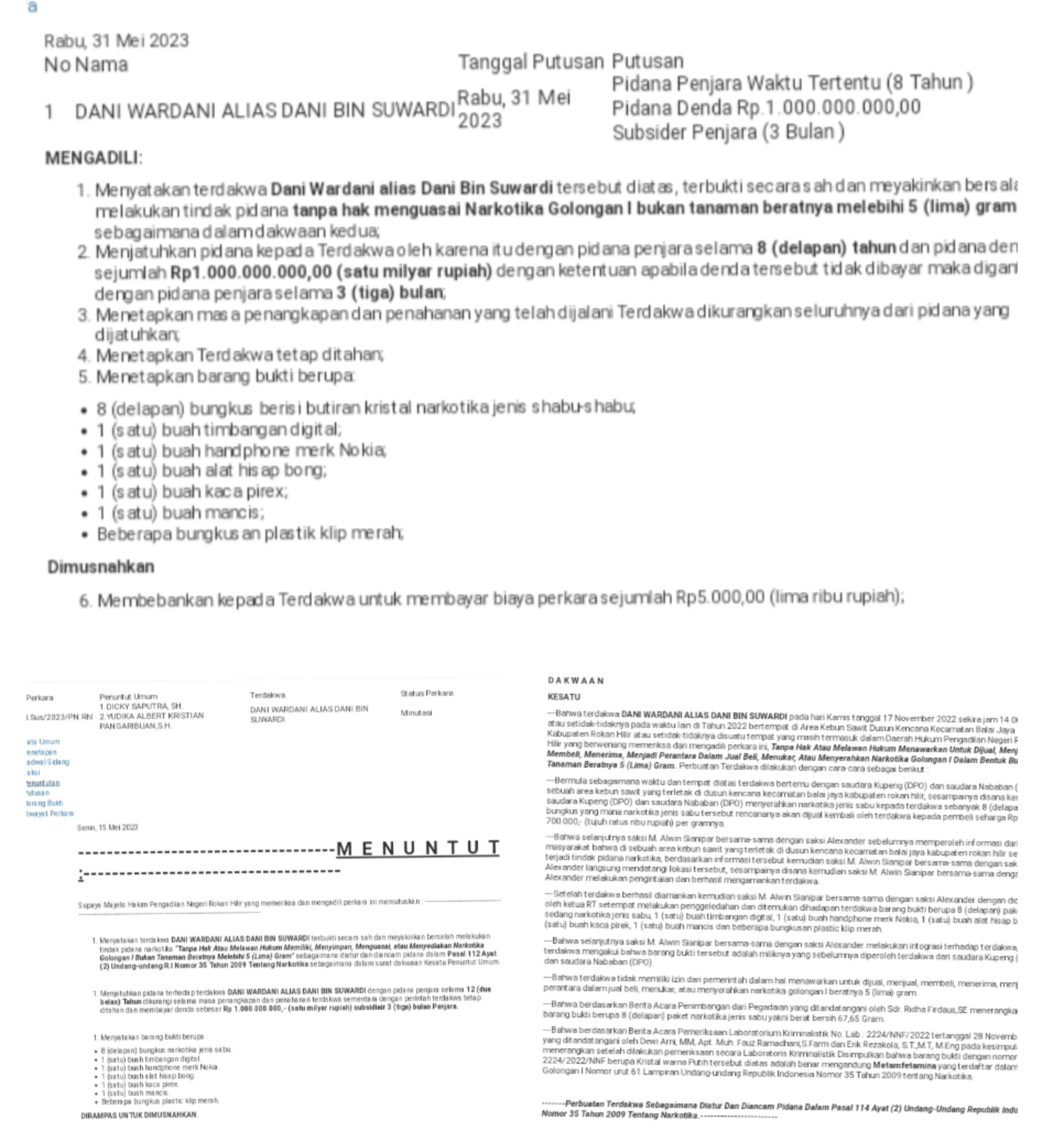 Pemilik Sabu 67,52 Gram ,Dani Wardani Divonis 8 Tahun Oleh Hakim PN Rohil! Dakwaan Jaksa Sabu Mau Dijual 700 Ribu Per Gram 