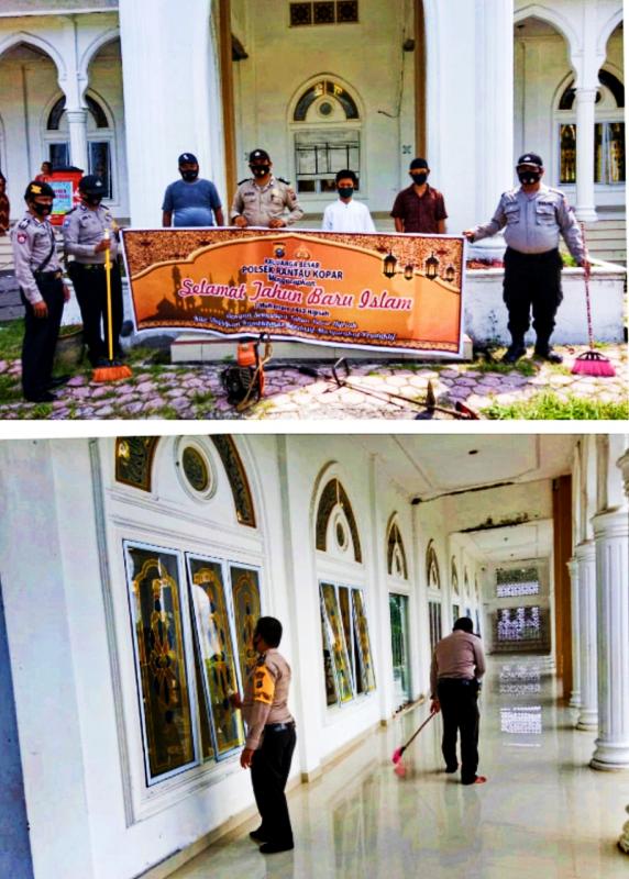 Polsek Rantau Kopar Bersih- Bersih Rumah Ibadah Dalam Rangka Peringatan Tahun Baru Islam 1442 H