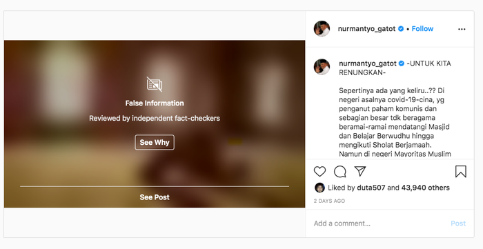 Postingan  Gatot Nurmantyo Ramaikan Majid Terkait Corona Disensor Instagram