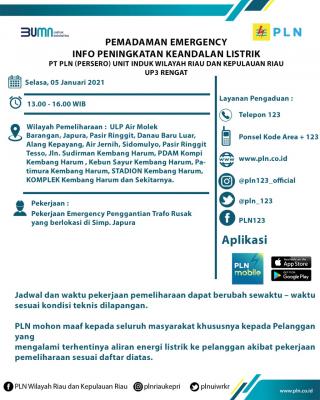 Hari Ini PLN Inhu Padam 3 Jam, Ini Penyebabnya